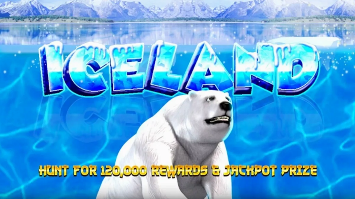 Cenário temático de gelo e montanhas do slot Iceland da Spadegaming