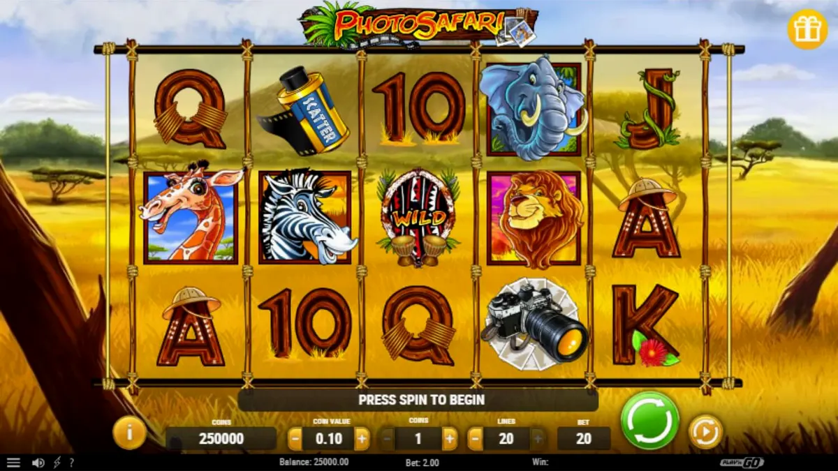 Interface do jogo de slot Photo Safari com animais da savana e equipamentos de câmera.