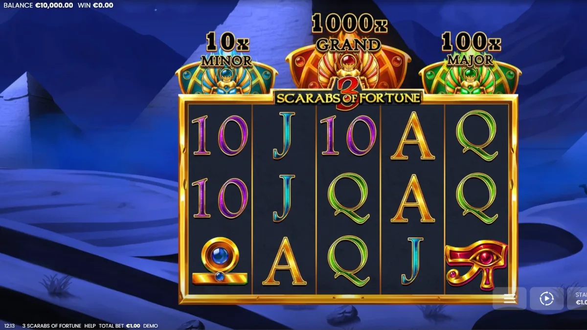 Interface do jogo 3 Scarabs of Fortune com símbolos egípcios e jackpots