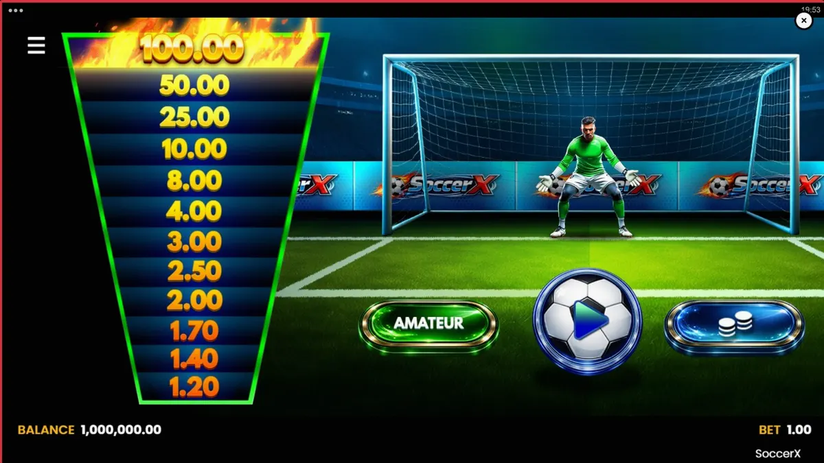 Interface de jogo do slot SoccerX com foco no multiplicador e no campo de futebol